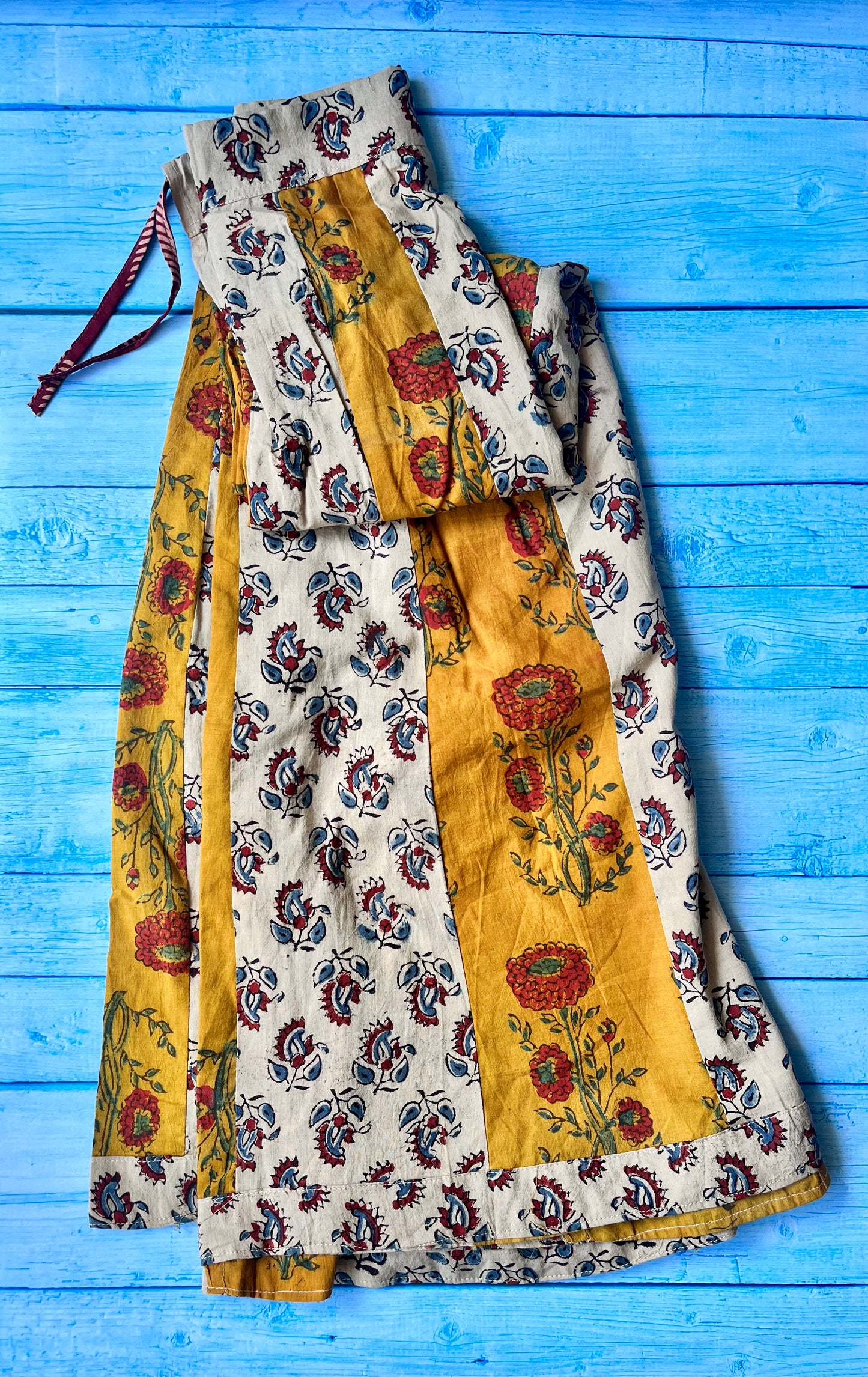 Mustard Yellow Paisley Motif Cotton Ajrakh Long Flared Skirt