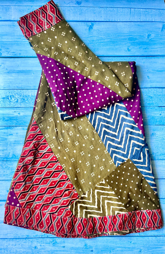 Multicolour Upcycled Zigzag Motif Ajrakh Cotton Long Flared Skirt