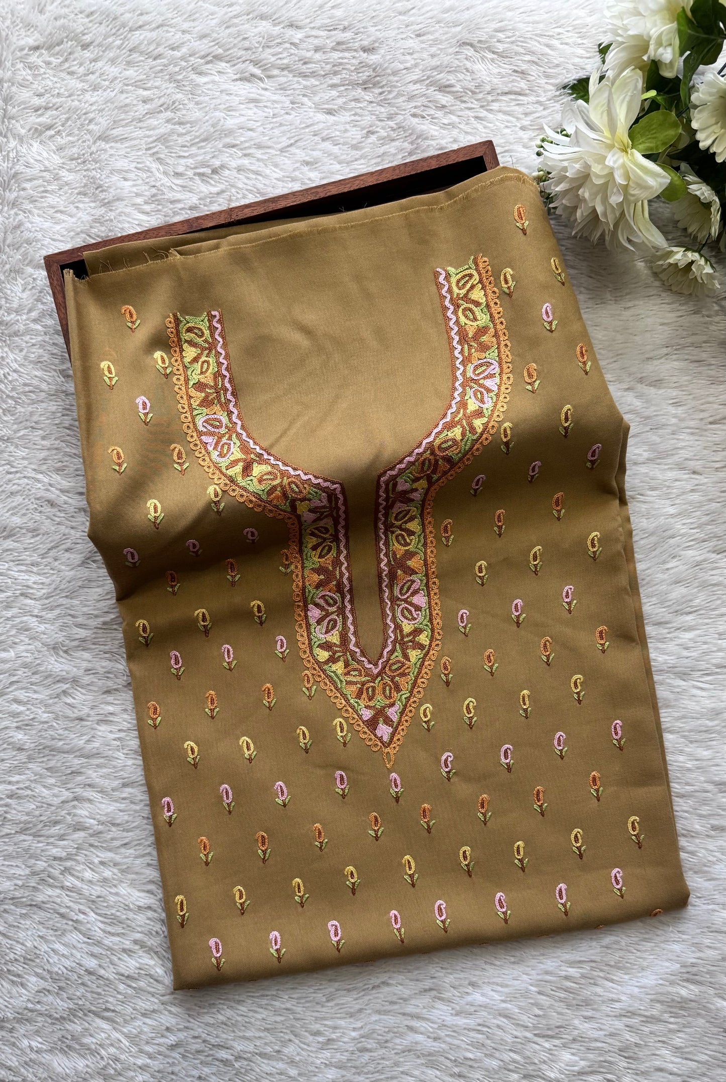 Biscuit Shade with Multicoloured Thread work Pure Cotton Kashmiri Aari Embroidered Co Ord 2 pc Set