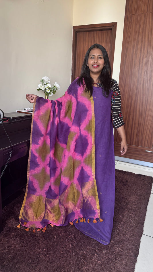 Majestic Purple Pure Jayshree Linen 2 Piece Suit with Purple-Pink Clamp Tye-Dye Dupatta