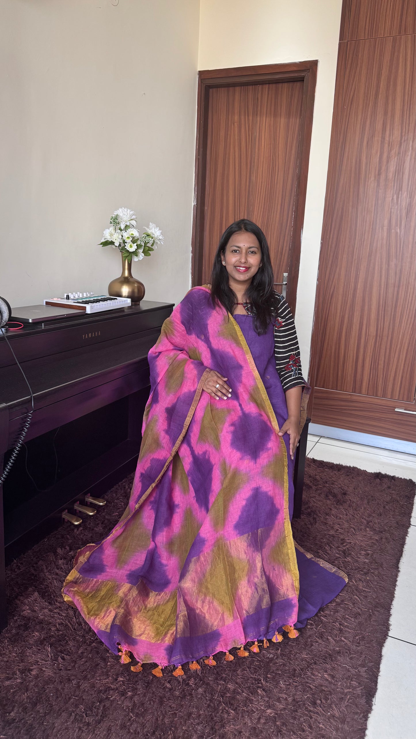 Majestic Purple Pure Jayshree Linen 2 Piece Suit with Purple-Pink Clamp Tye-Dye Dupatta