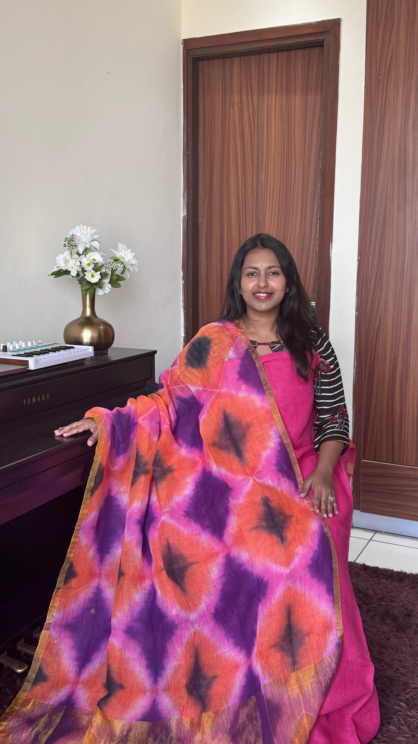 Margenta Pink Pure Jayshree Linen 2 Piece Suit with Margenta Purple Clamp Tye-Dye Dupatta