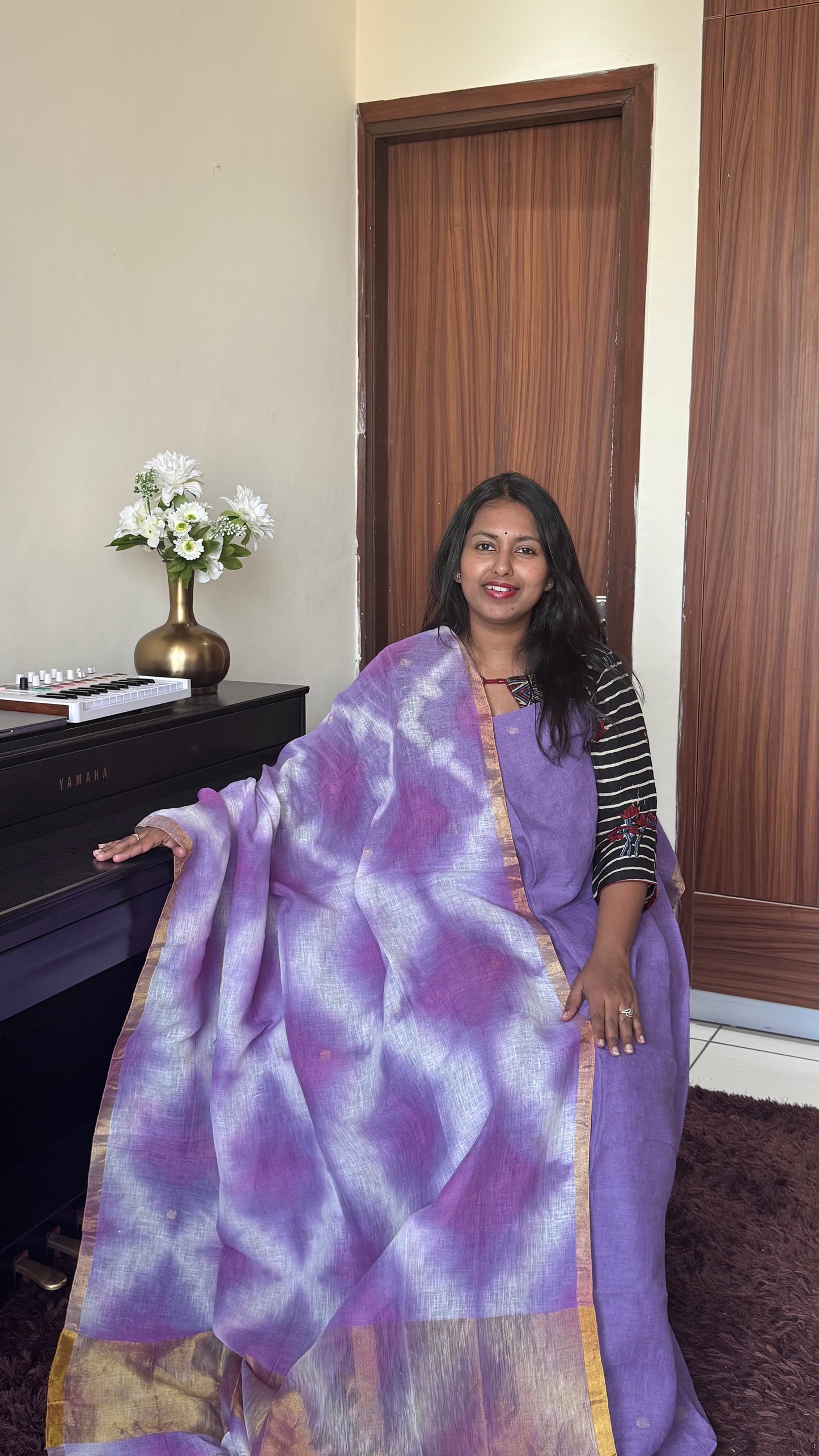 Majestic Blue Pure Jayshree Linen 2 Piece Suit with Blue- Purple Clamp Tye-Dye Dupatta
