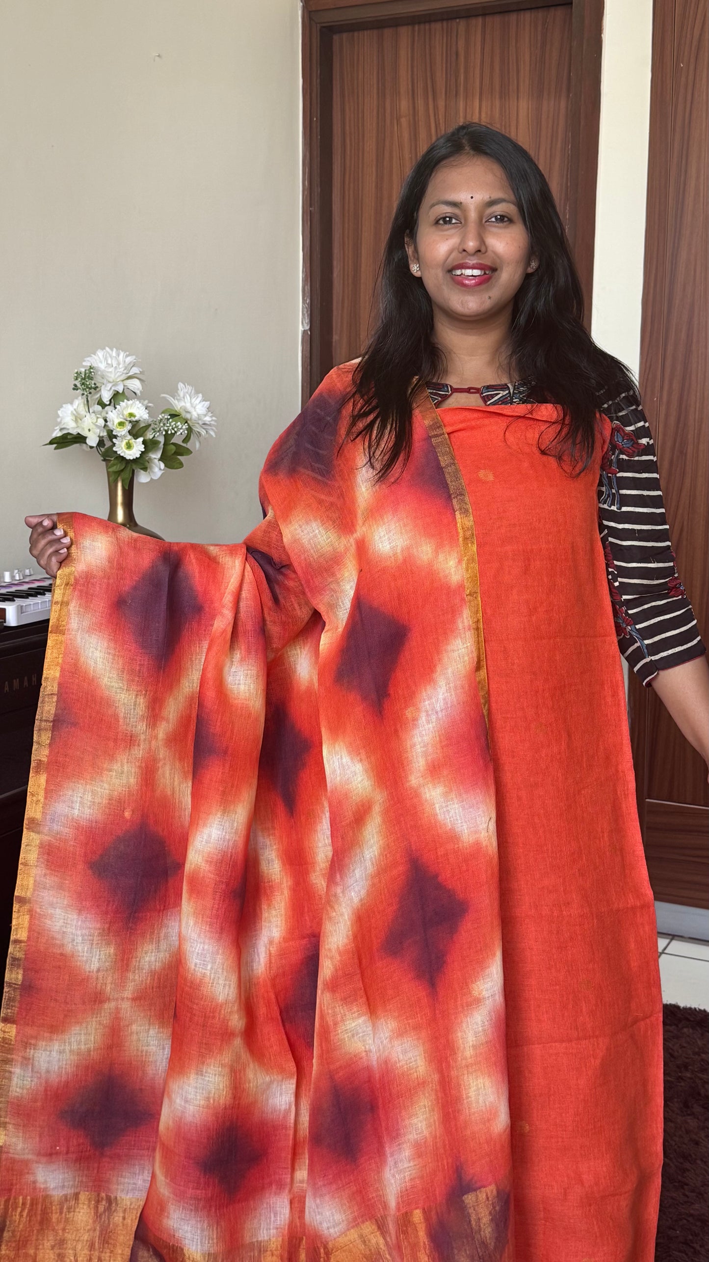 Orangish Red Pure Jayshree Linen 2 Piece Suit with Red- Black Clamp Tye-Dye Dupatta