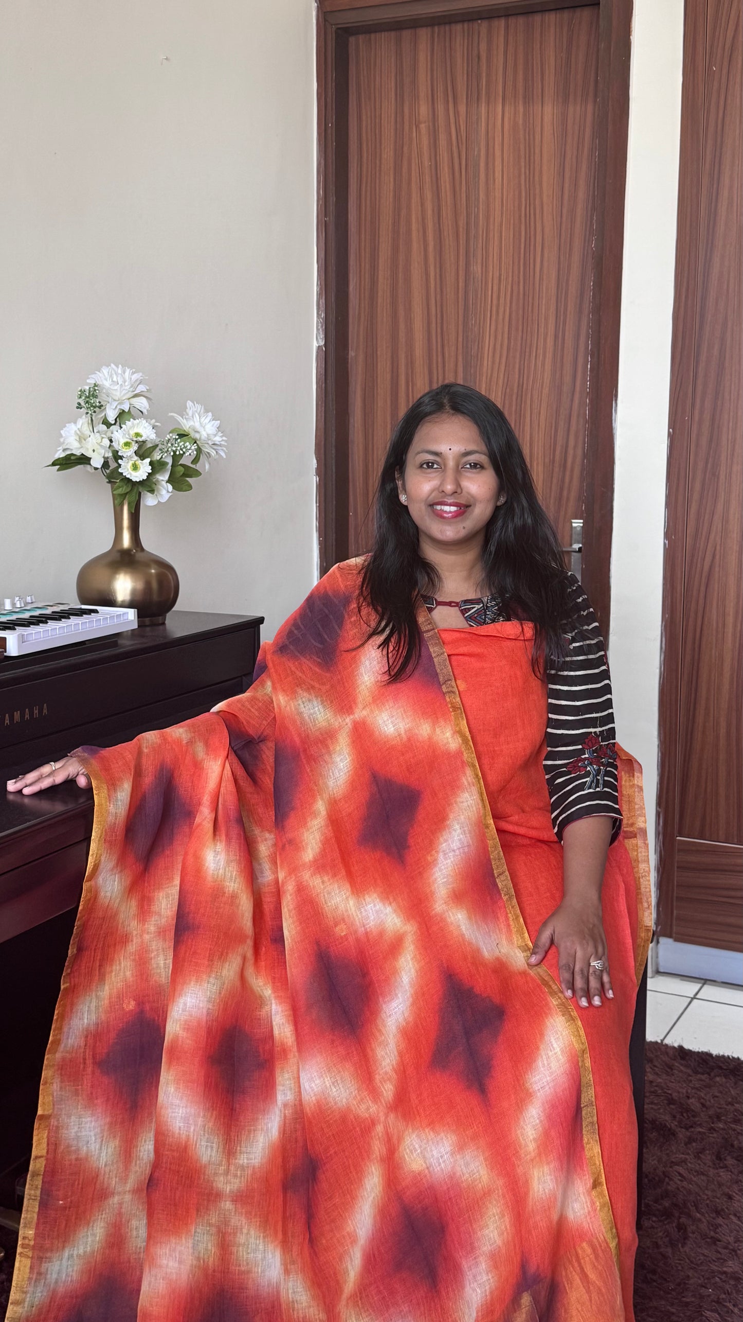Orangish Red Pure Jayshree Linen 2 Piece Suit with Red- Black Clamp Tye-Dye Dupatta