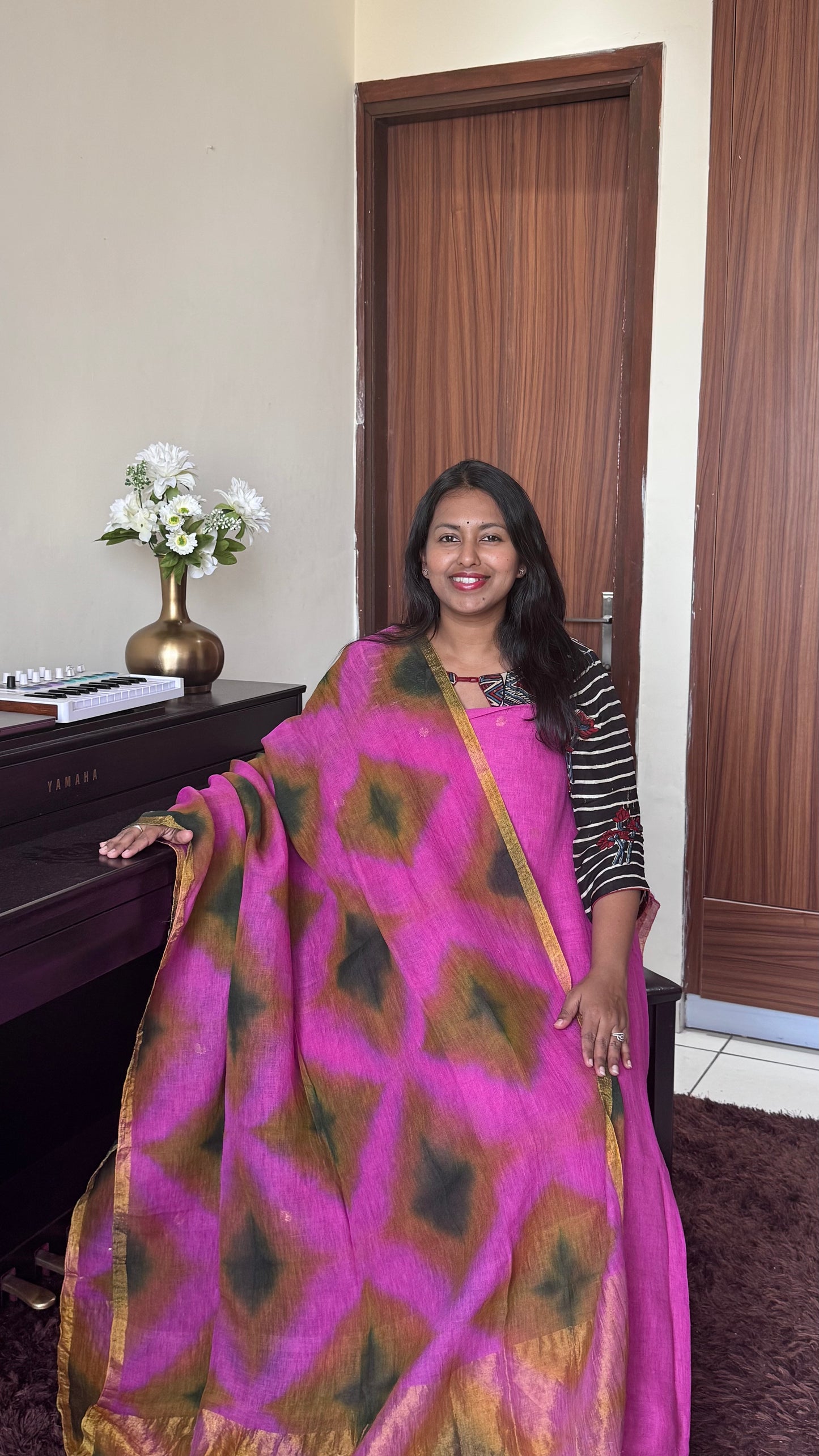Dark Pink Pure Jayshree Linen 2 Piece Suit with Margenta Purple Clamp Tye-Dye Dupatta