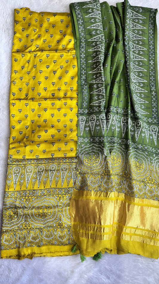 Aamras Kamal Buti Modal Silk 3 pc Suit Material Set with Modal Silk Lagdi Patti Dupatta