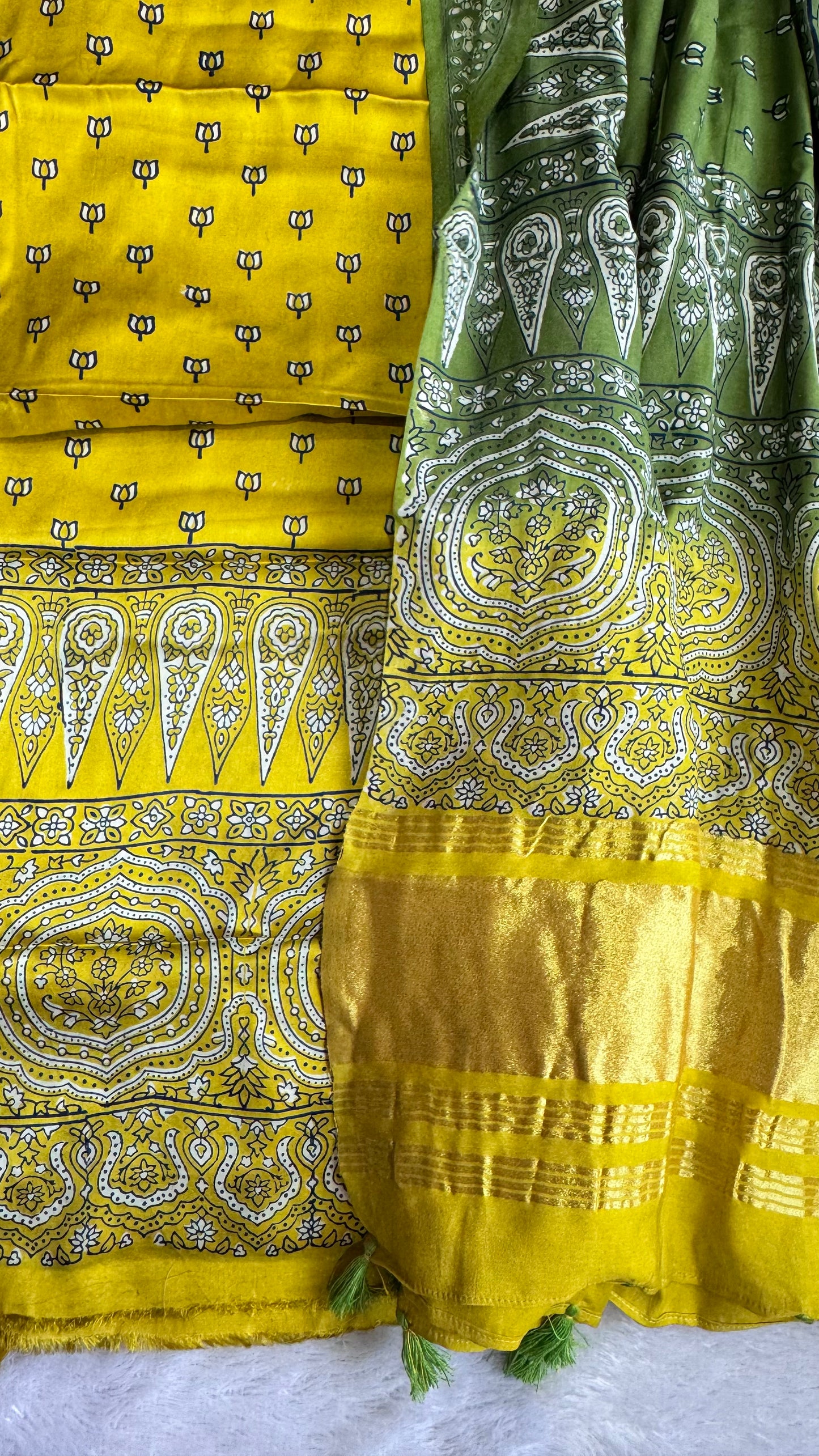 Aamras Kamal Buti Modal Silk 3 pc Suit Material Set with Modal Silk Lagdi Patti Dupatta