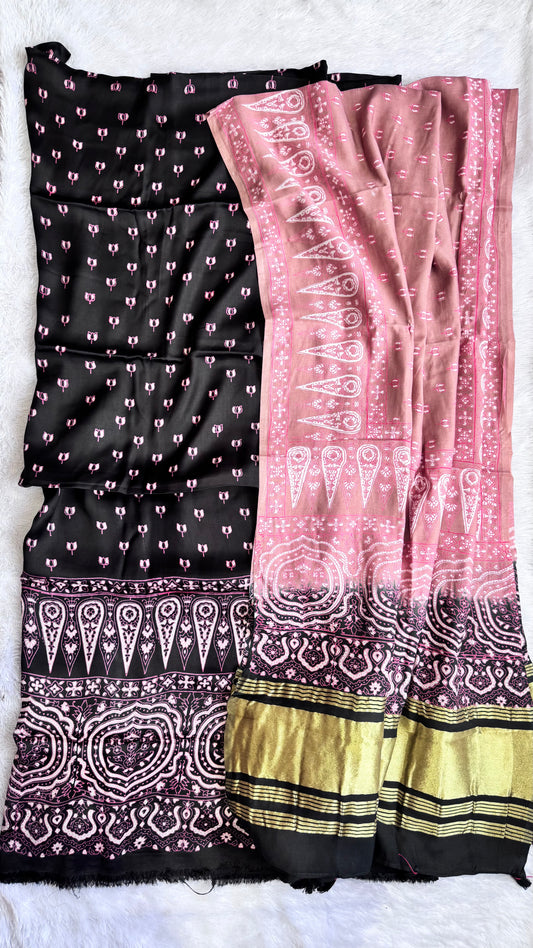 Black Kamal Buti Modal Silk 3 pc Suit Material Set with Modal Silk Lagdi Patti Dupatta