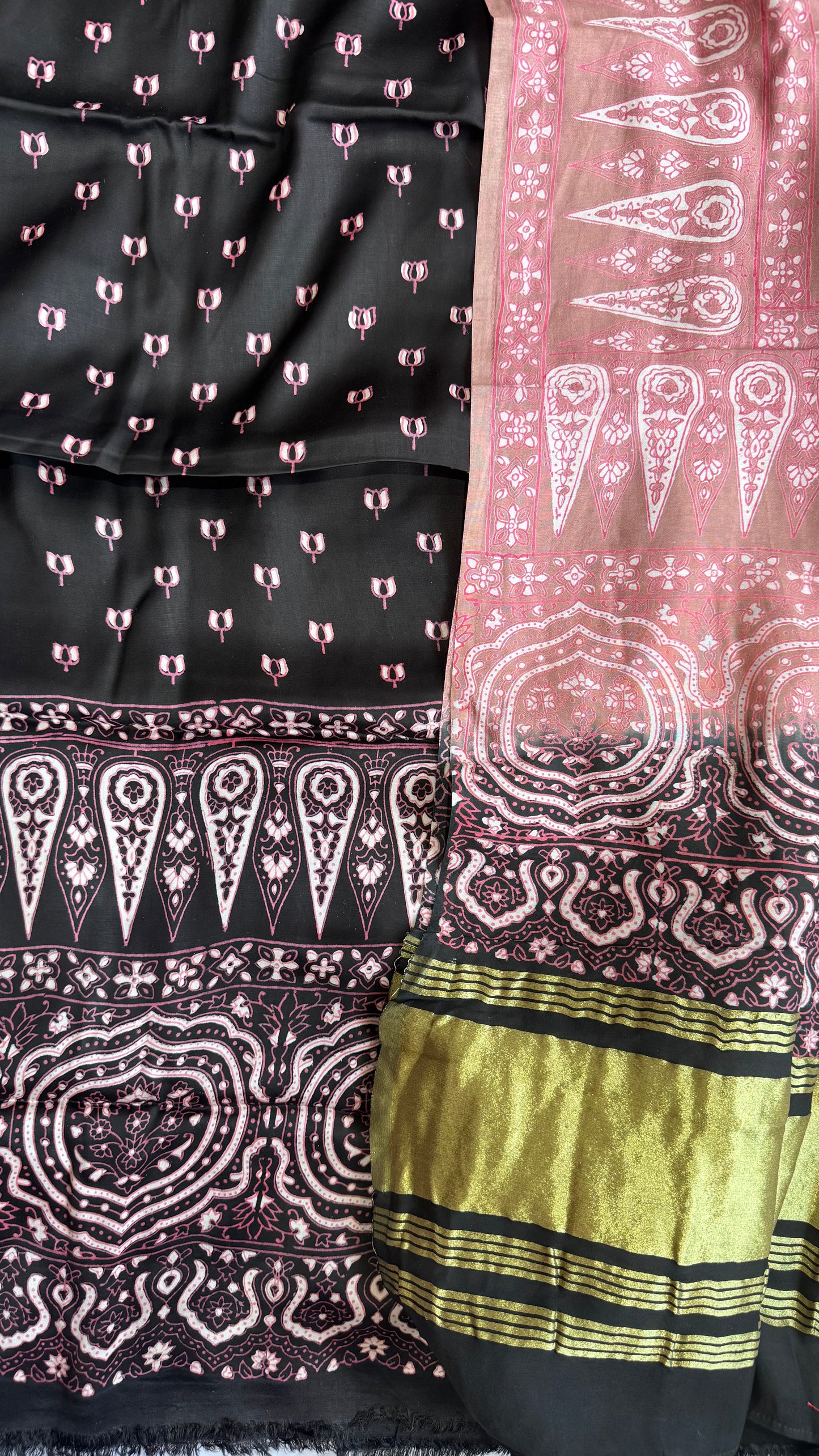 Black Kamal Buti Modal Silk 3 pc Suit Material Set with Modal Silk Lagdi Patti Dupatta