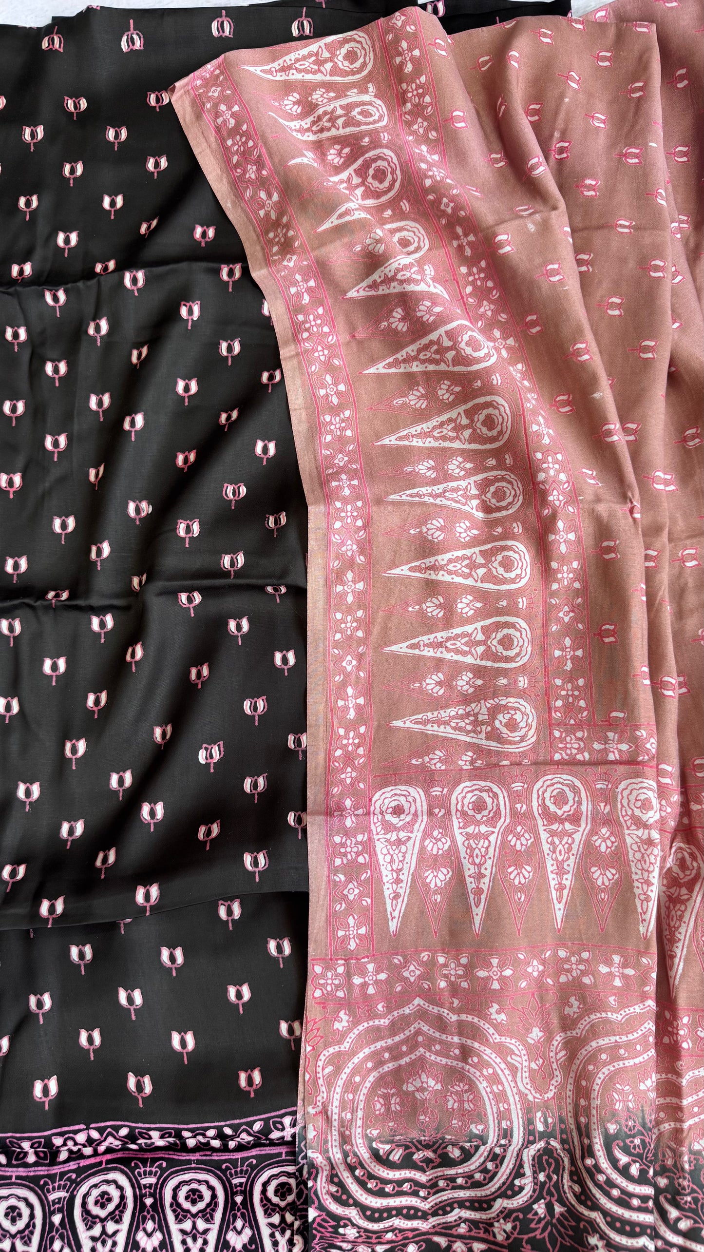 Black Kamal Buti Modal Silk 3 pc Suit Material Set with Modal Silk Lagdi Patti Dupatta