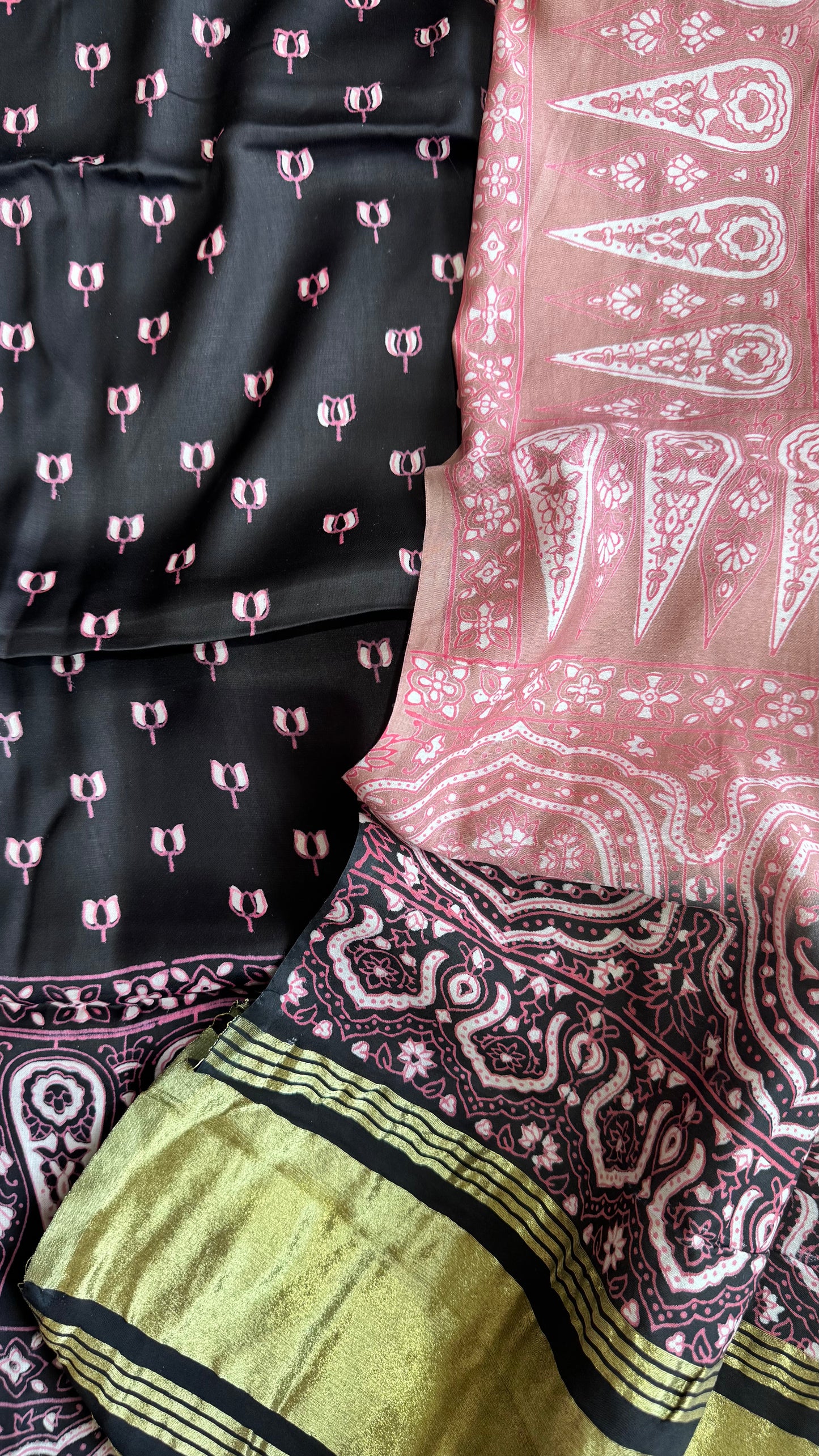 Black Kamal Buti Modal Silk 3 pc Suit Material Set with Modal Silk Lagdi Patti Dupatta