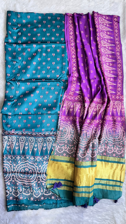 Aqua blue Kamal Buti Modal Silk 3 pc Suit Material Set with Modal Silk Lagdi Patti Dupatta