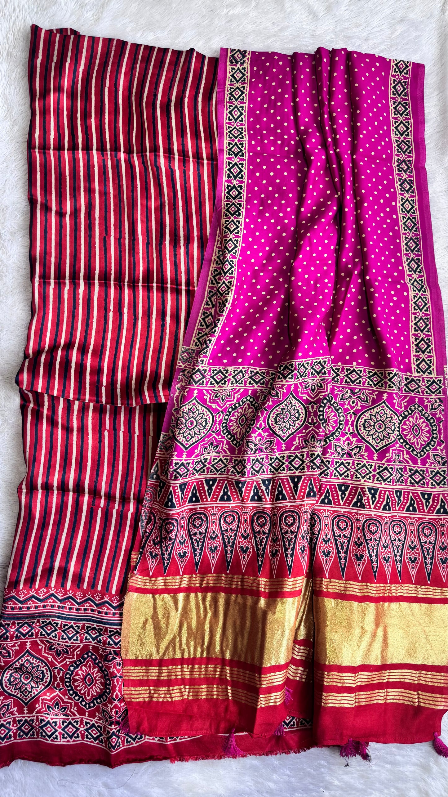 Red Dhaaridar Modal Silk 3 pc Suit Material Set with Modal Silk Lagdi Patti Dupatta