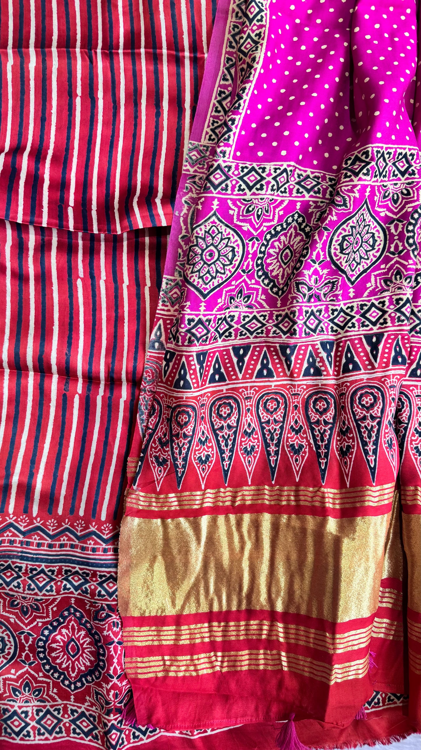 Red Dhaaridar Modal Silk 3 pc Suit Material Set with Modal Silk Lagdi Patti Dupatta