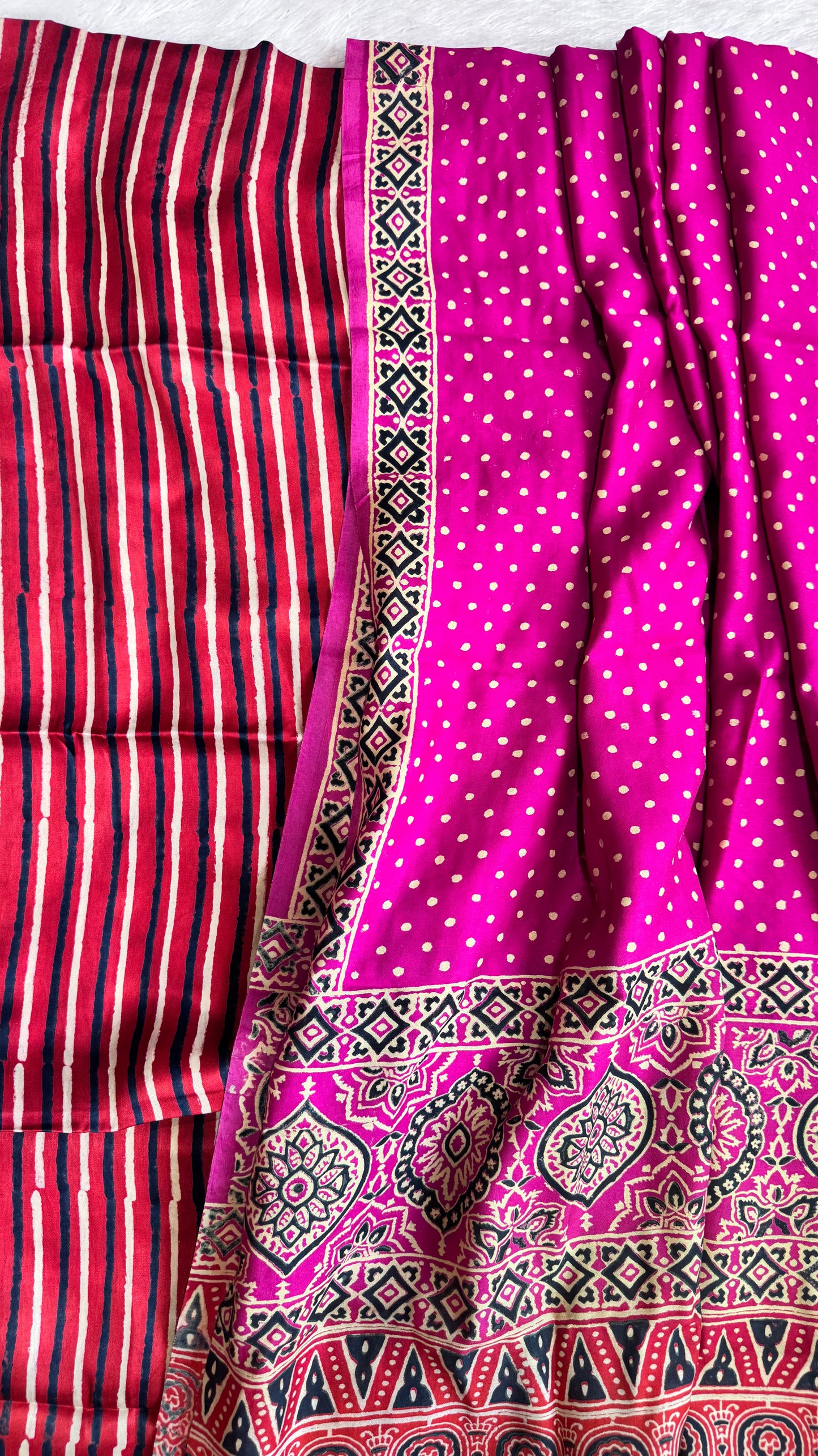 Red Dhaaridar Modal Silk 3 pc Suit Material Set with Modal Silk Lagdi Patti Dupatta