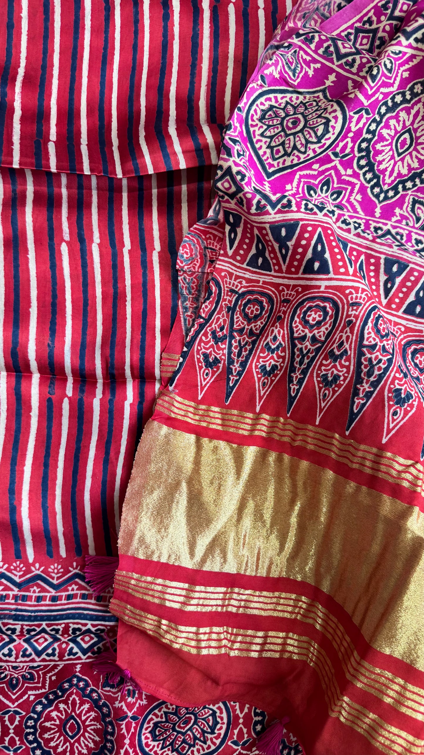 Red Dhaaridar Modal Silk 3 pc Suit Material Set with Modal Silk Lagdi Patti Dupatta