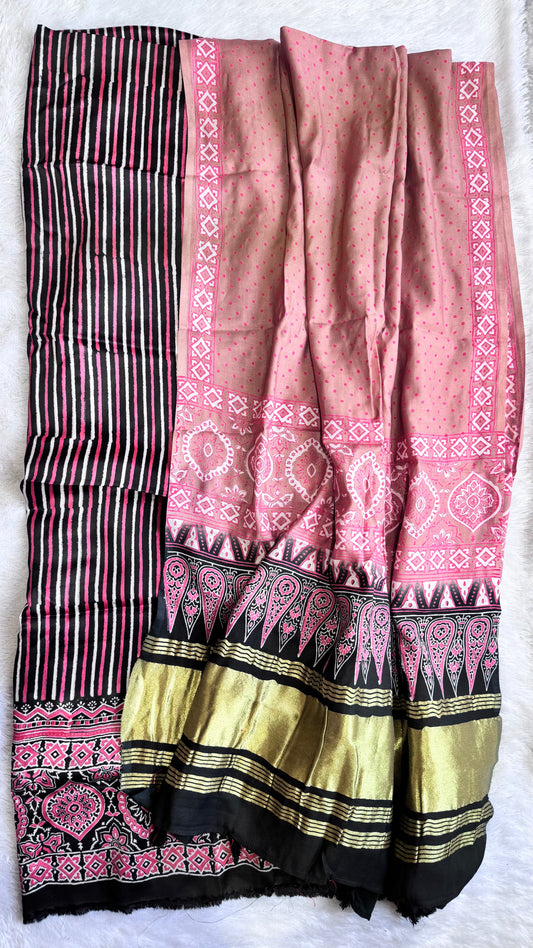 Pyaazi Pink Dhaaridar Modal Silk 3 pc Suit Material Set with Modal Silk Lagdi Patti Dupatta