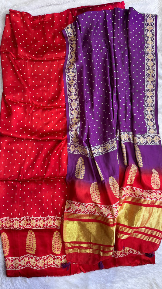 Deep Red Polka Dotted Modal Silk 3pc Suit Set with Purple Modal Silk Lagdi Patti Dupatta