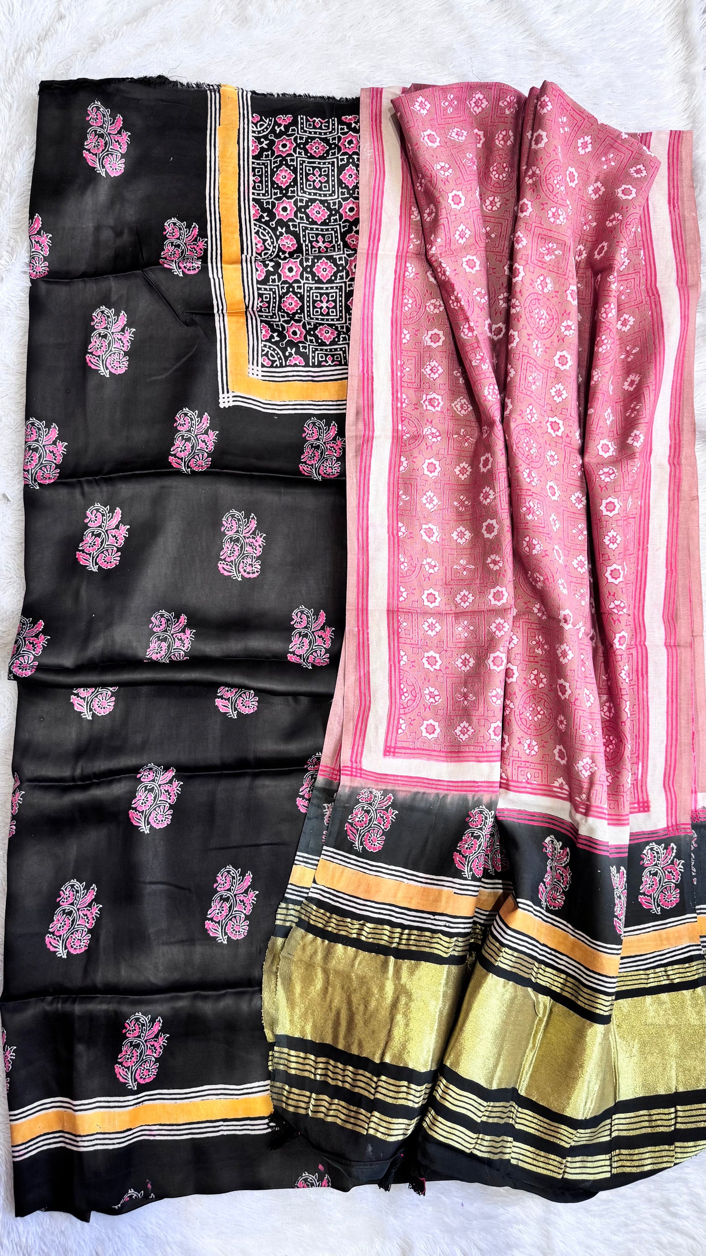 Black and Beige Buti Motif Modal Silk 3 pc Suit Material Set with Modal Silk Lagdi Patti Dupatta