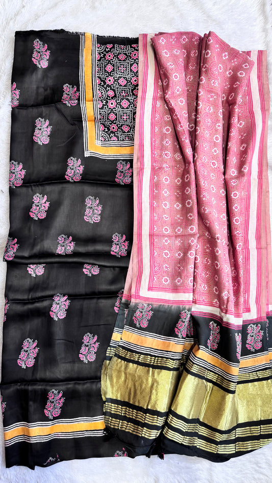 Black and Beige Buti Motif Modal Silk 3 pc Suit Material Set with Modal Silk Lagdi Patti Dupatta