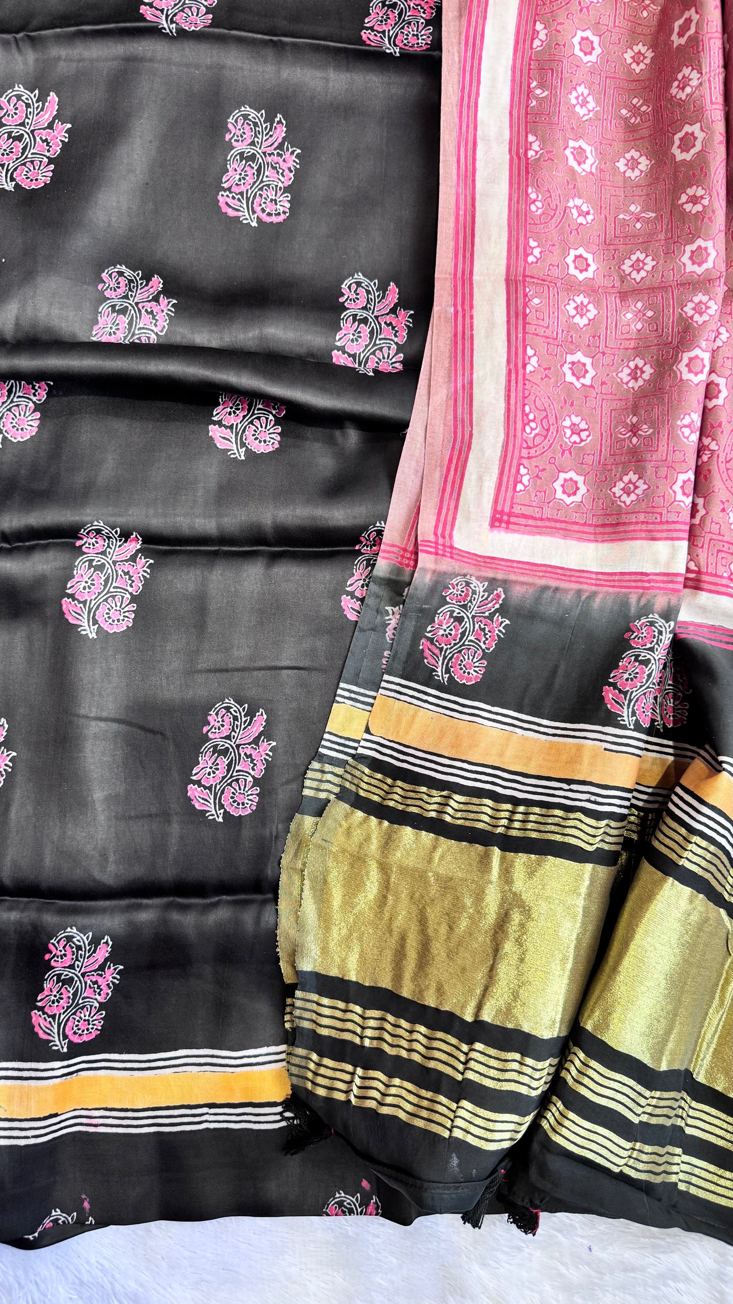 Black and Beige Buti Motif Modal Silk 3 pc Suit Material Set with Modal Silk Lagdi Patti Dupatta