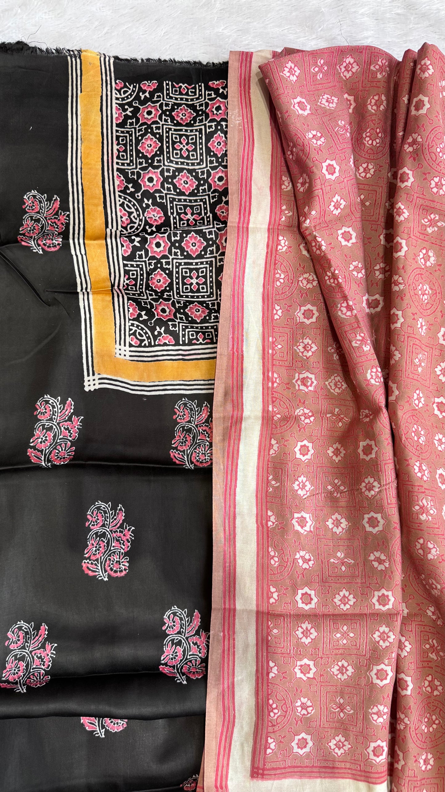 Black and Beige Buti Motif Modal Silk 3 pc Suit Material Set with Modal Silk Lagdi Patti Dupatta