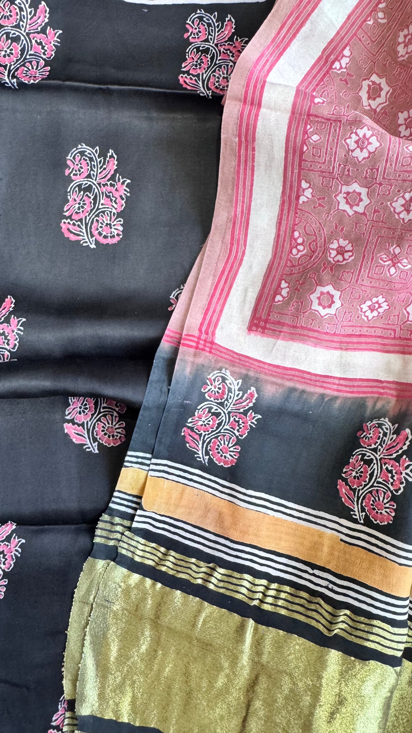 Black and Beige Buti Motif Modal Silk 3 pc Suit Material Set with Modal Silk Lagdi Patti Dupatta