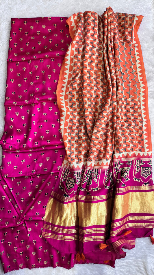 Deep Margenta Kamal Buti Modal Silk 3 pc Suit Material Set with Modal Silk Lagdi Patti Dupatta