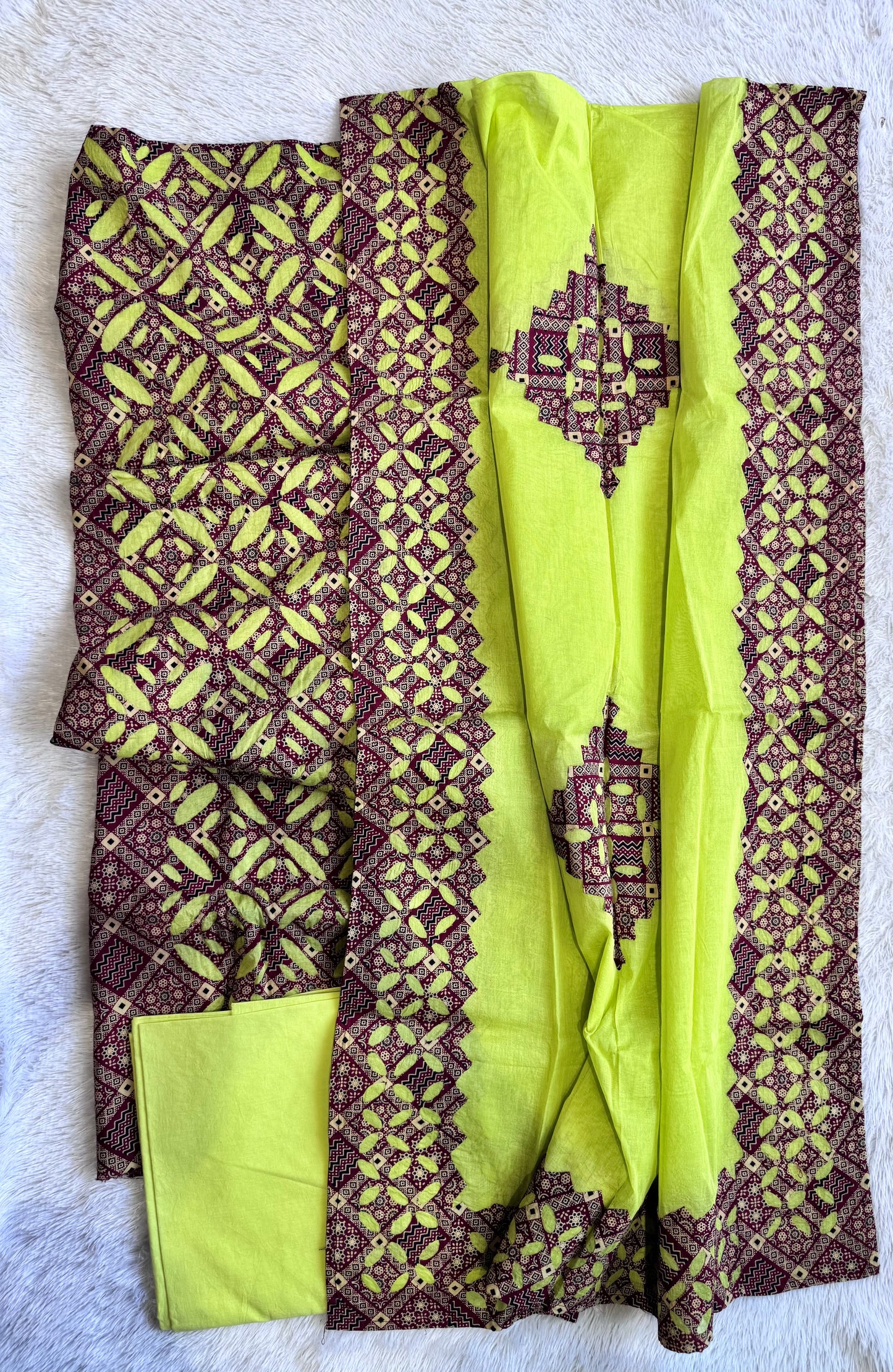 Neon Green and Brown Barmer Applique Cut Work Cotton Suit Material Set