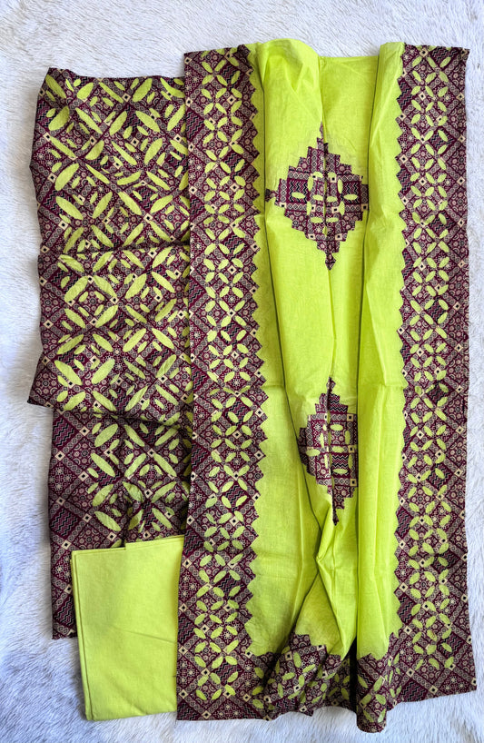 Neon Green and Brown Barmer Applique Cut Work Cotton Suit Material Set