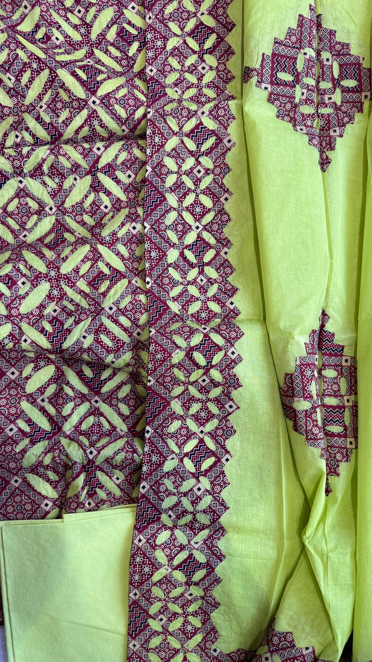 Neon Green and Brown Barmer Applique Cut Work Cotton Suit Material Set