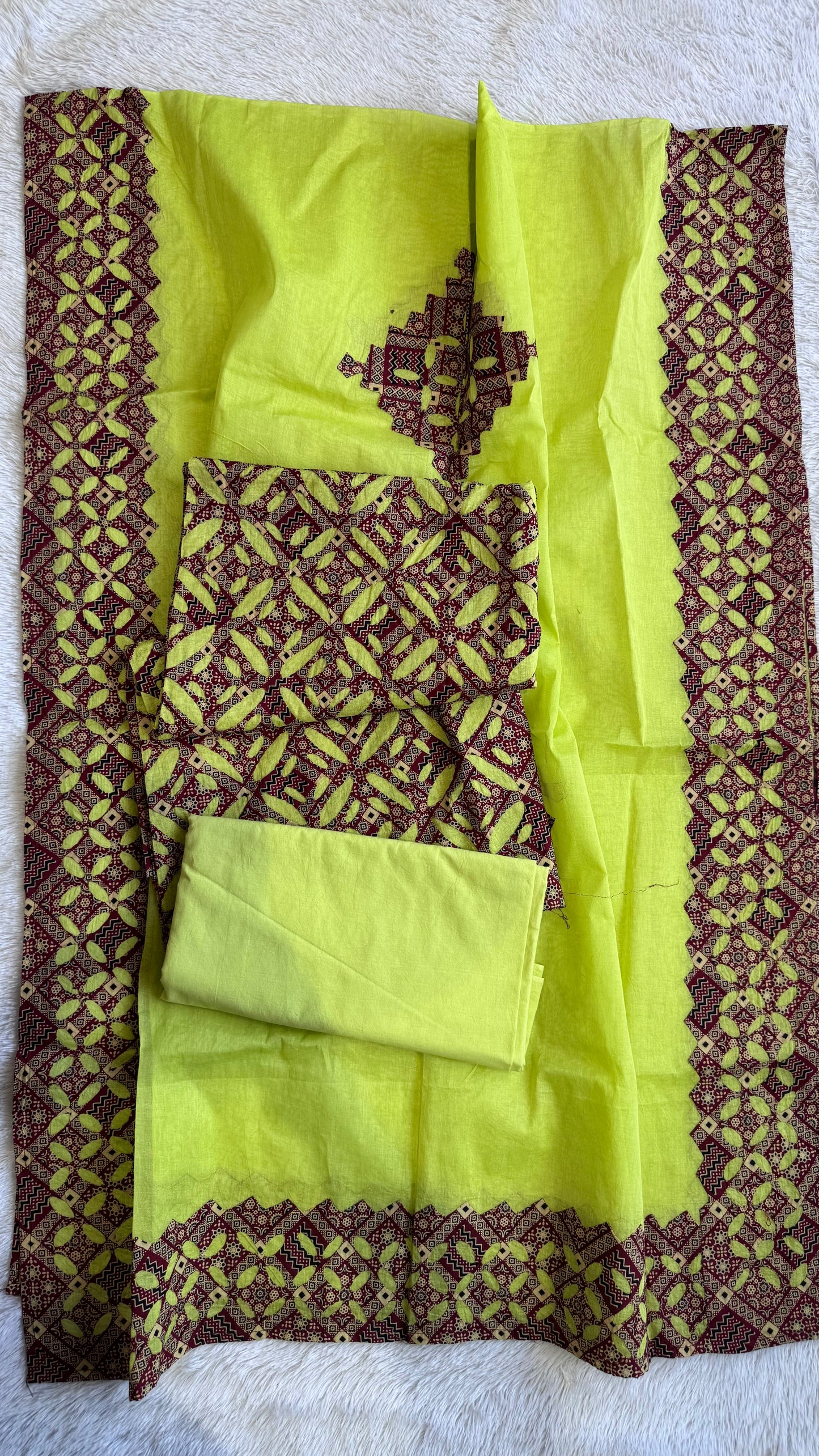 Neon Green and Brown Barmer Applique Cut Work Cotton Suit Material Set