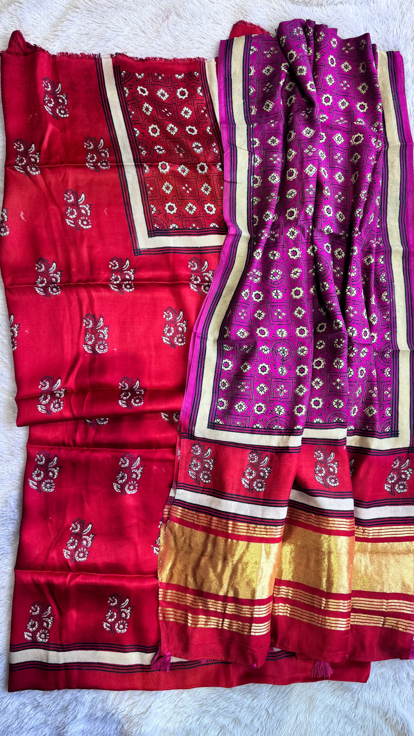 Red Buti Motif Modal Silk 3 pc Suit Material Set with Modal Silk Lagdi Patti Dupatta