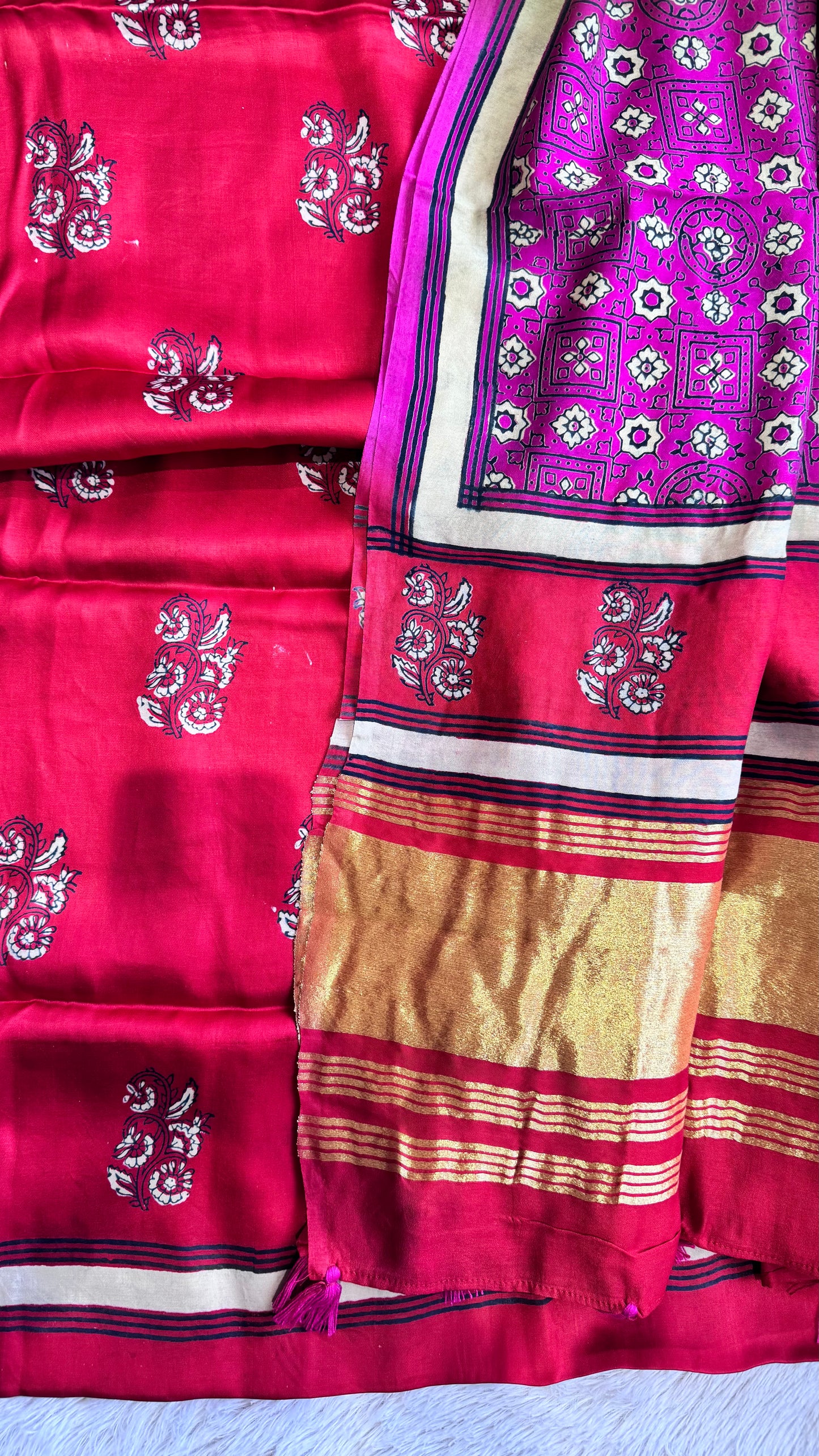 Red Buti Motif Modal Silk 3 pc Suit Material Set with Modal Silk Lagdi Patti Dupatta