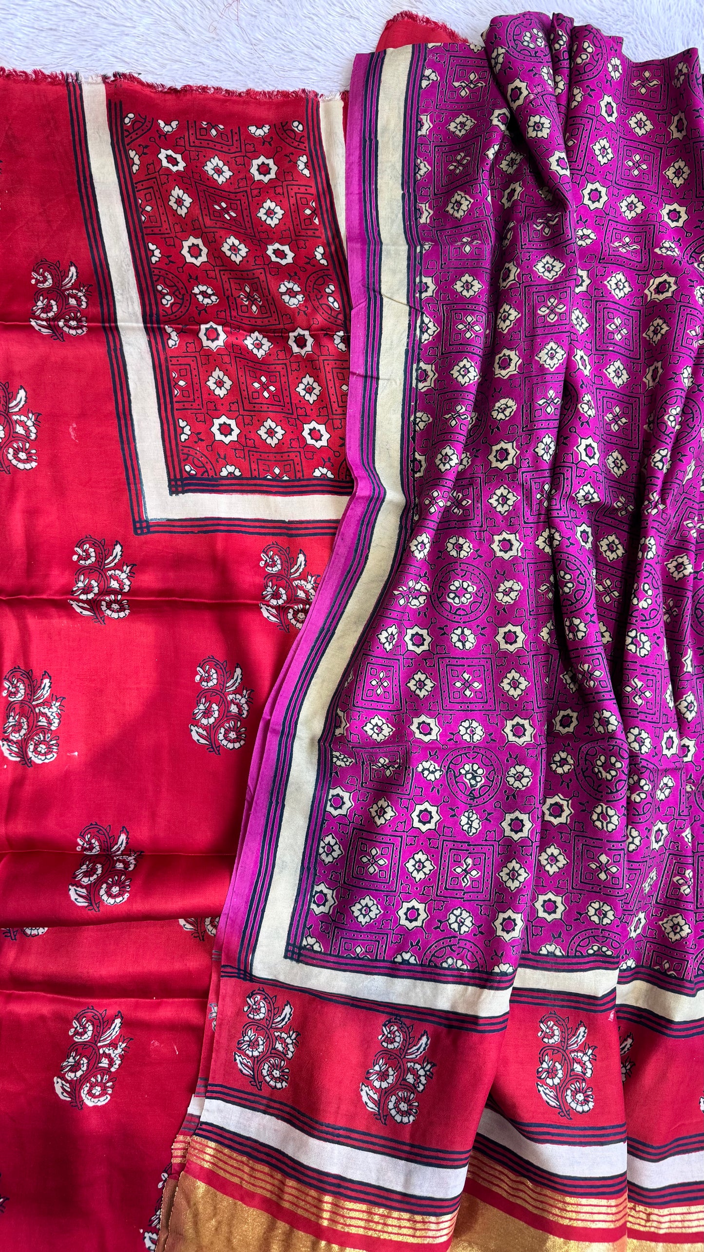 Red Buti Motif Modal Silk 3 pc Suit Material Set with Modal Silk Lagdi Patti Dupatta