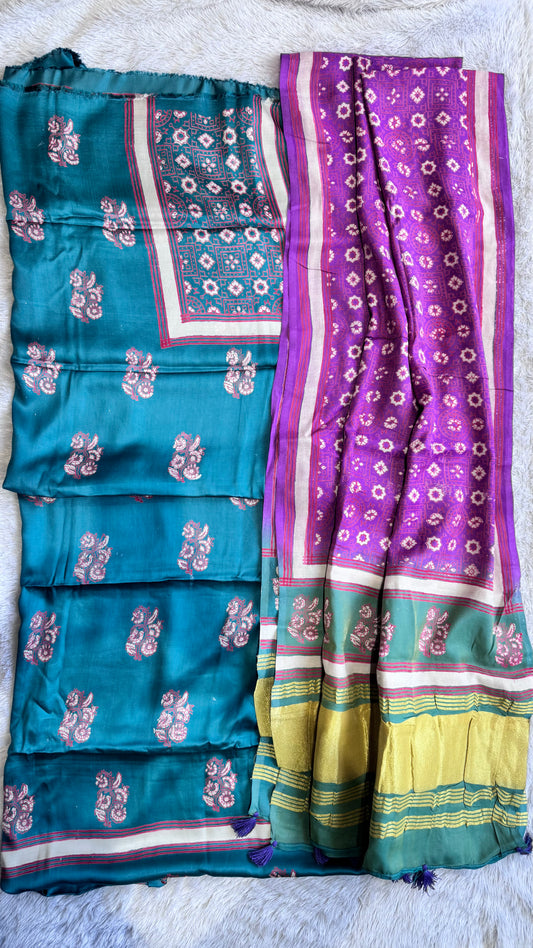 Sea Green Motif Modal Silk 3 pc Suit Material Set with Modal Silk Lagdi Patti Dupatta