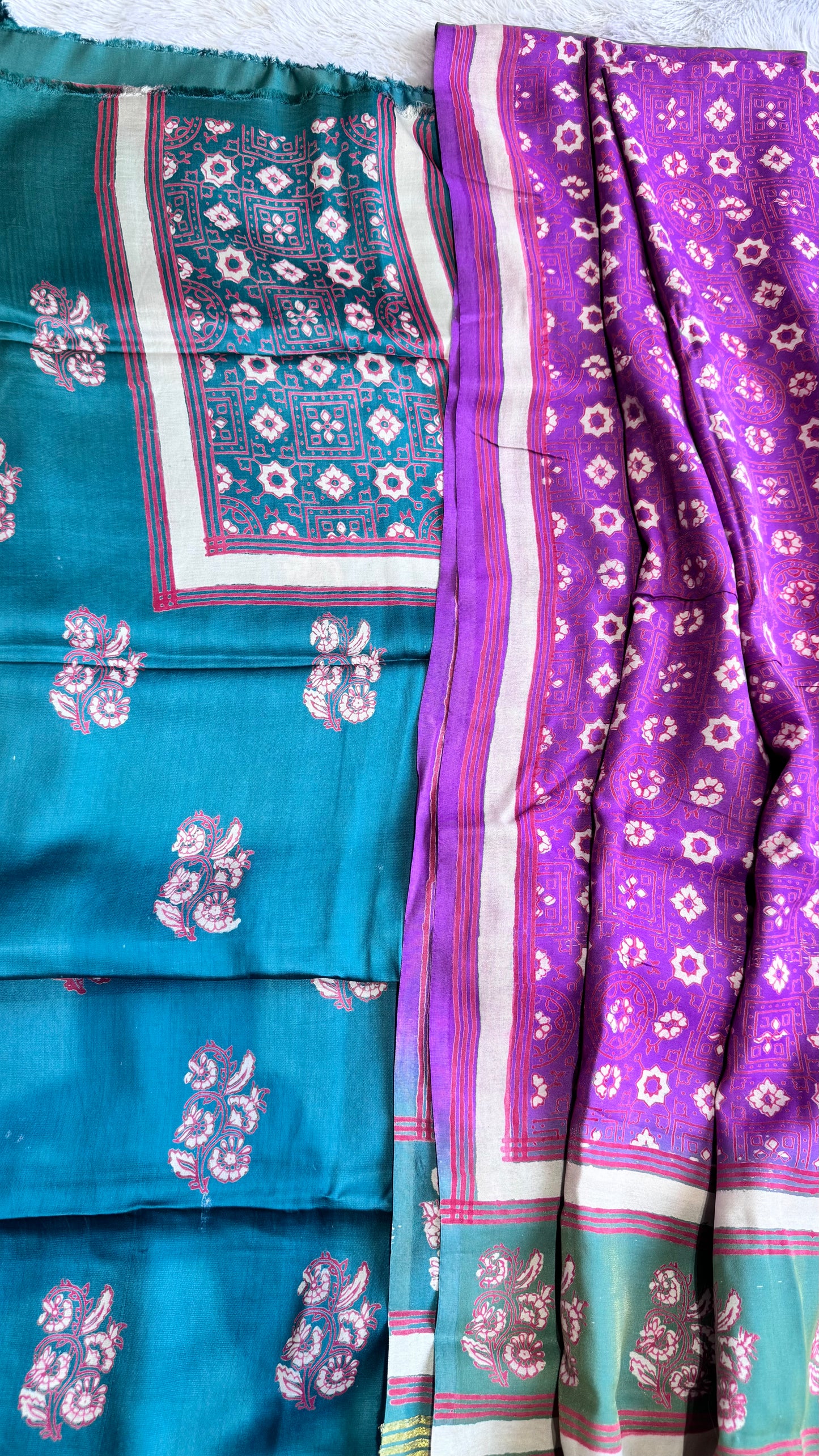 Sea Green Motif Modal Silk 3 pc Suit Material Set with Modal Silk Lagdi Patti Dupatta