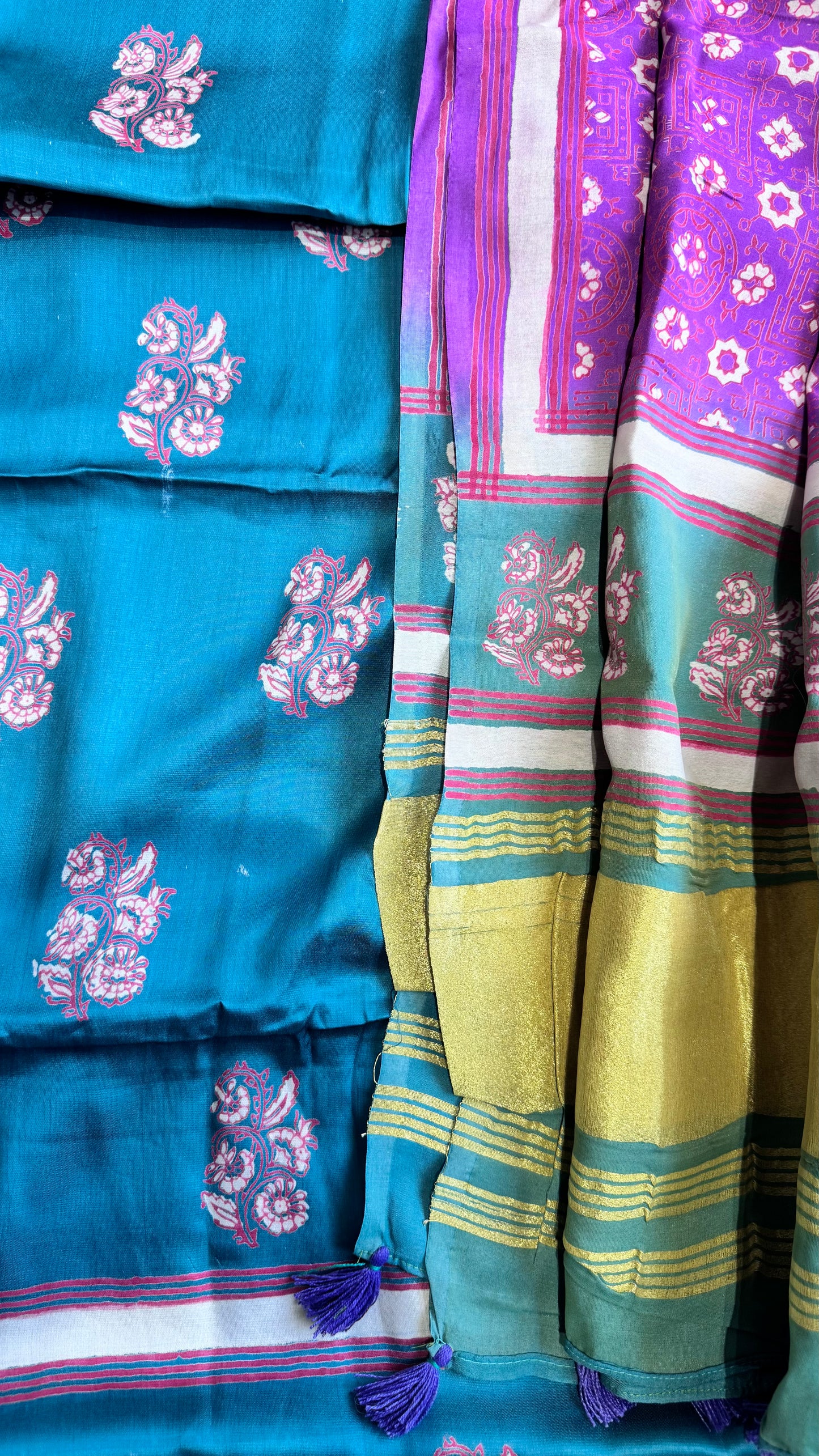Sea Green Motif Modal Silk 3 pc Suit Material Set with Modal Silk Lagdi Patti Dupatta