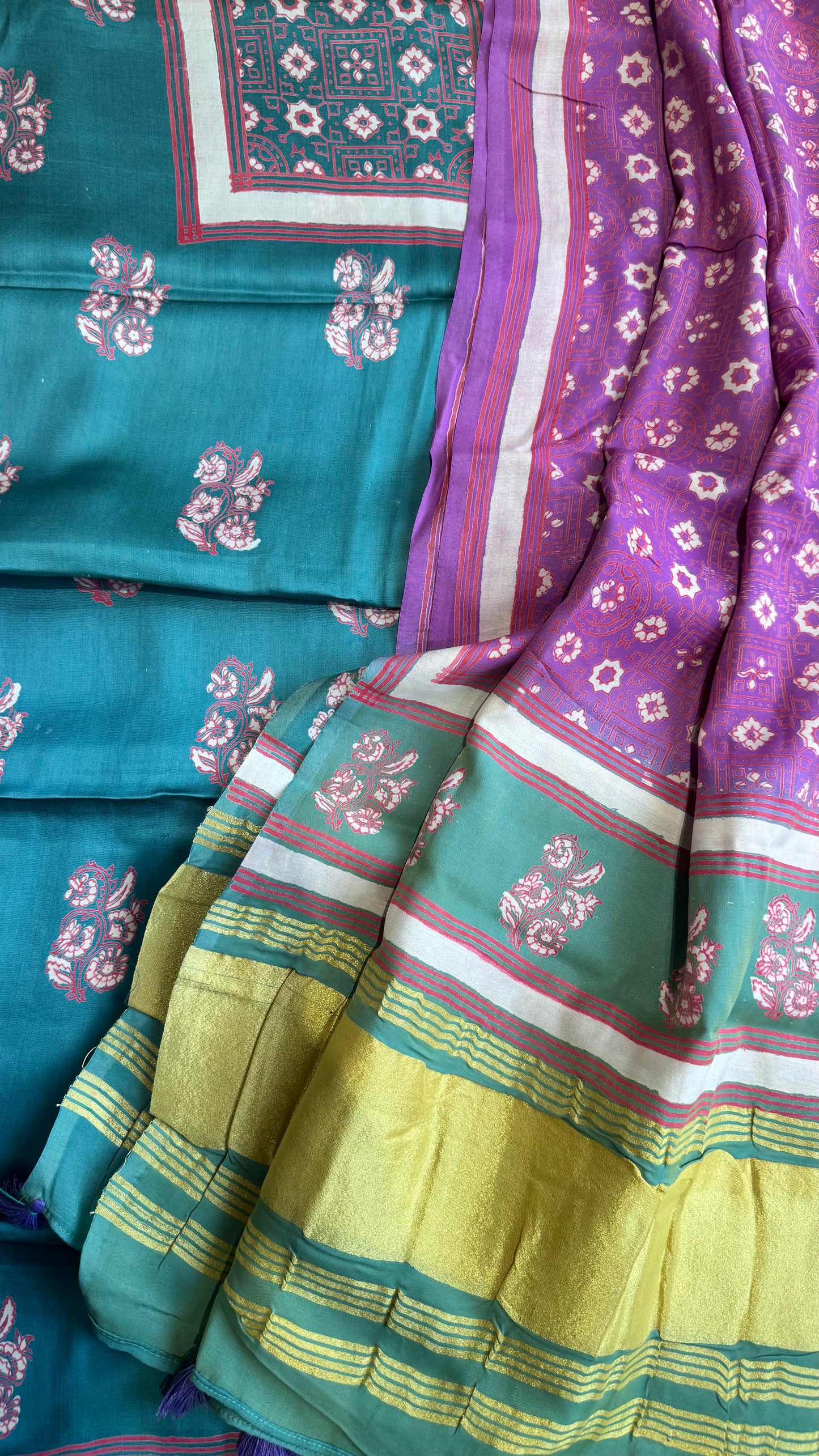 Sea Green Motif Modal Silk 3 pc Suit Material Set with Modal Silk Lagdi Patti Dupatta