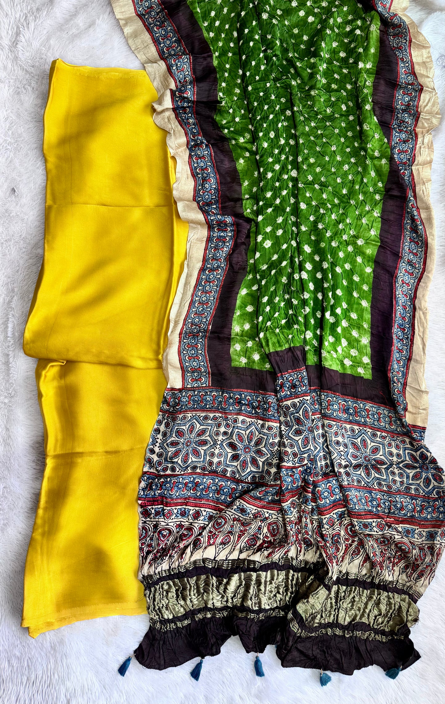 Solid Yellow Modal Silk 2pc Suit Material with Green Bandhani Ajrakh Modal Silk Dupatta