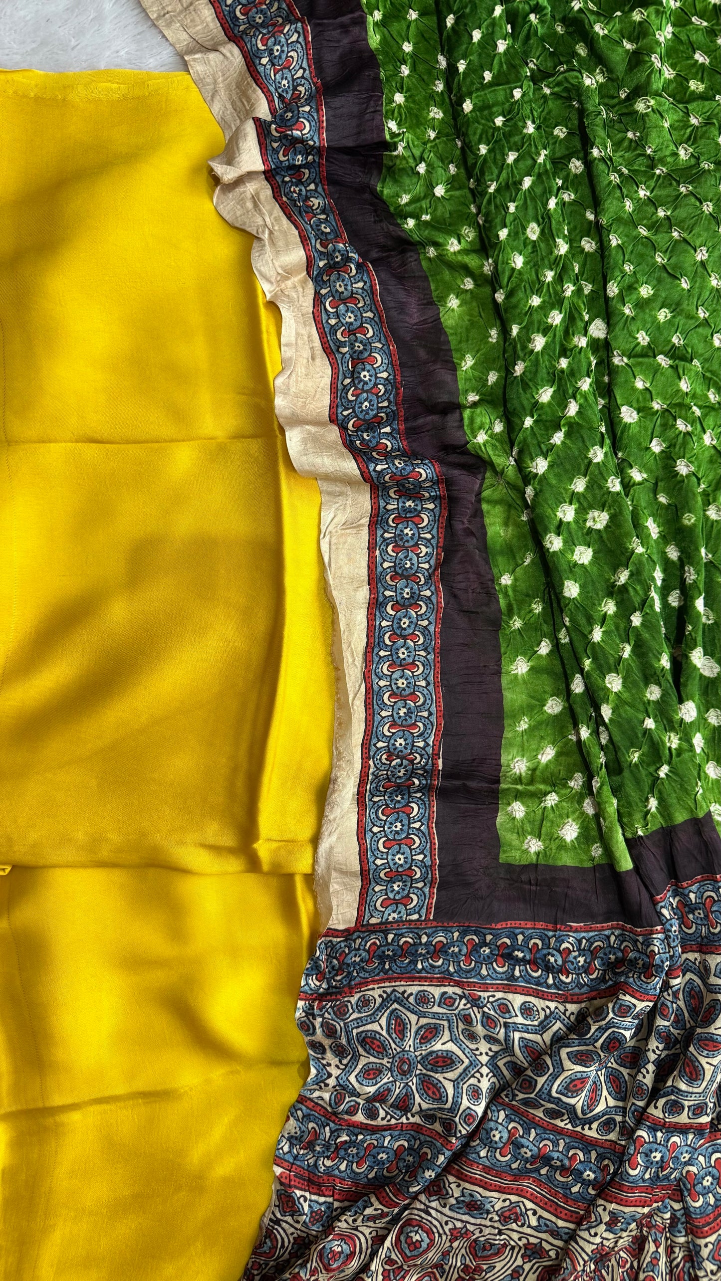 Solid Yellow Modal Silk 2pc Suit Material with Green Bandhani Ajrakh Modal Silk Dupatta