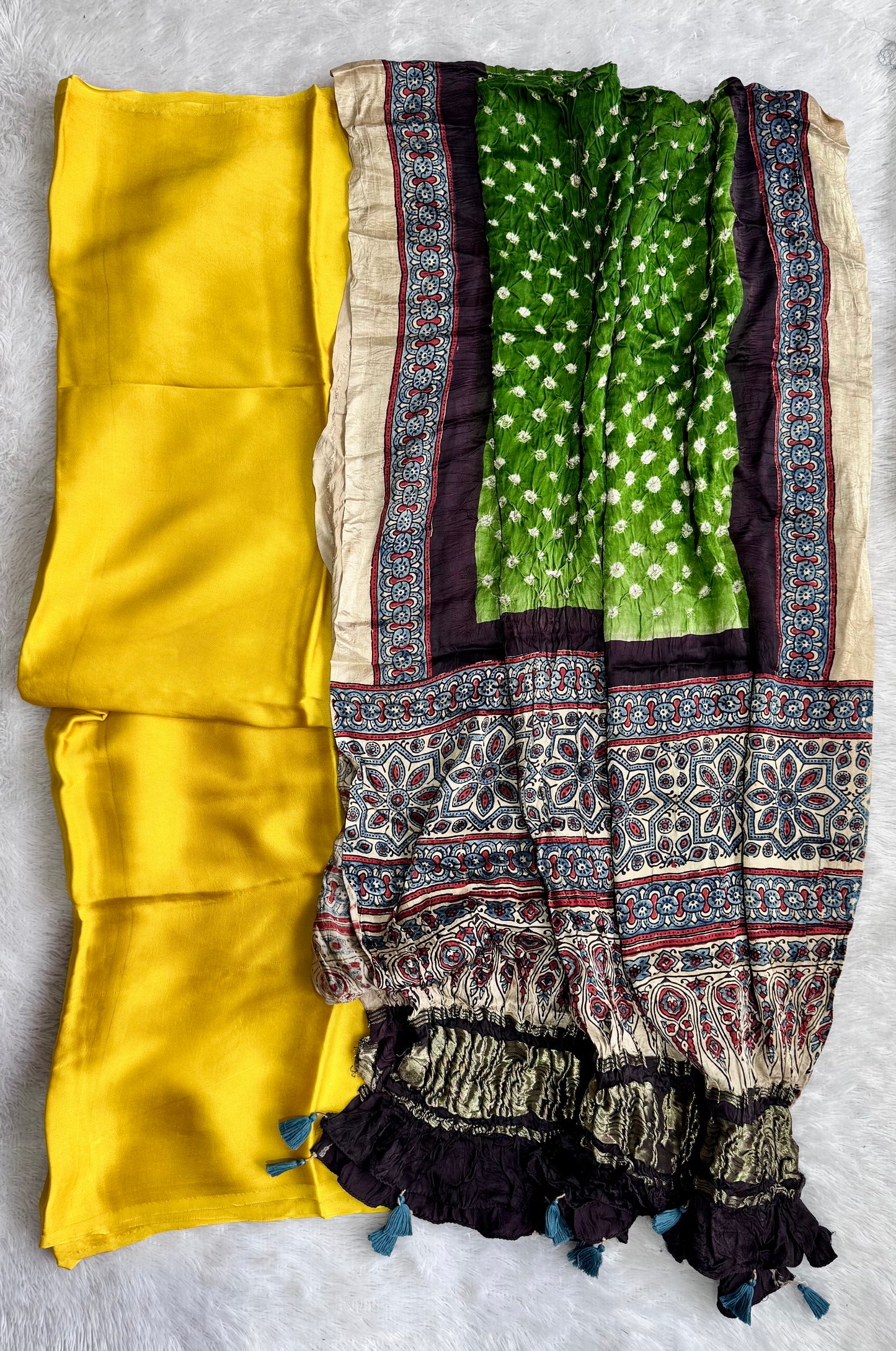 Solid Yellow Modal Silk 2pc Suit Material with Green Bandhani Ajrakh Modal Silk Dupatta