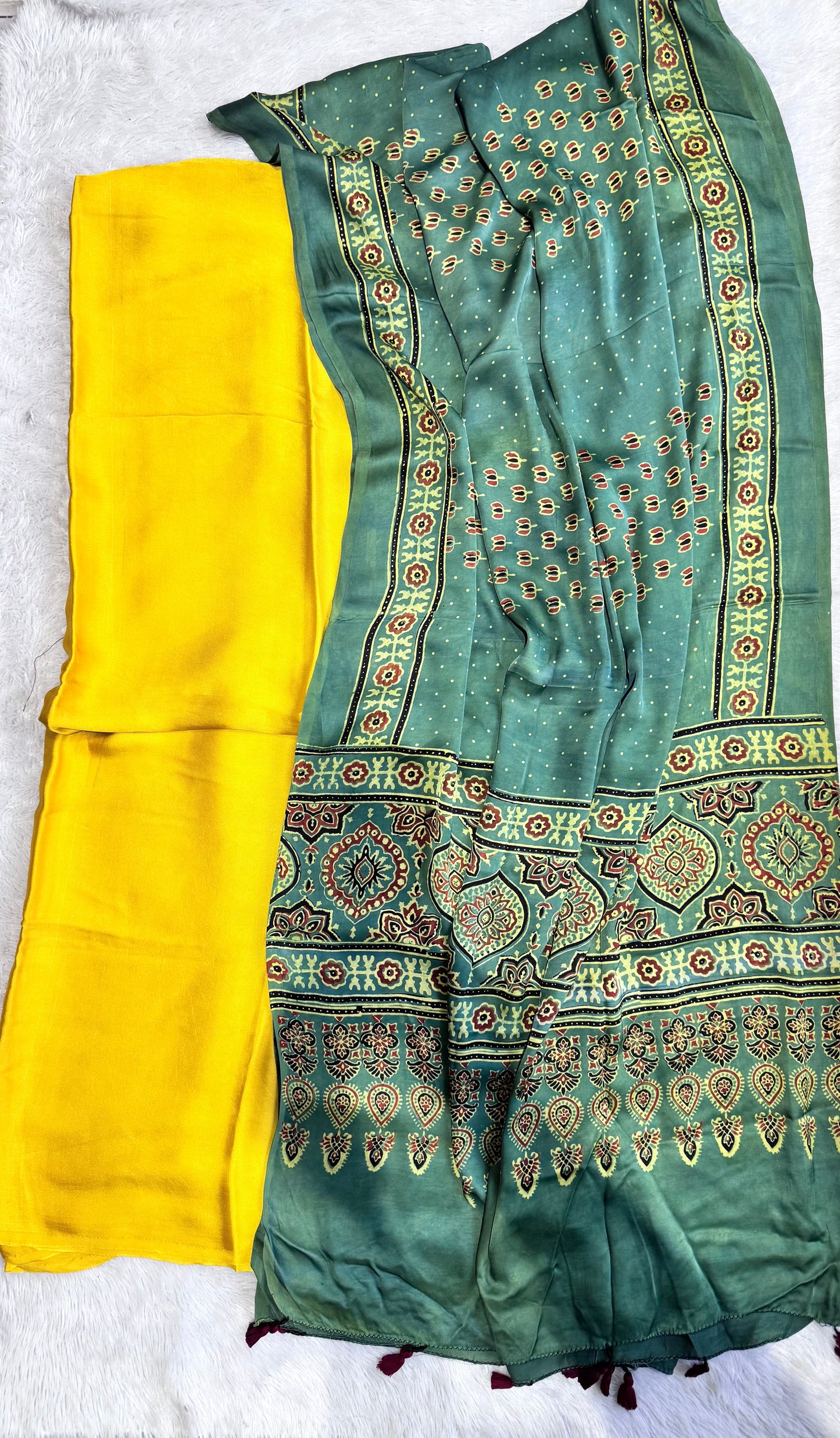 Yellow Solid Shade Modal Silk 2pc Suit Material with Green Ajrakh Kamal Buta Modal Silk Dupatta