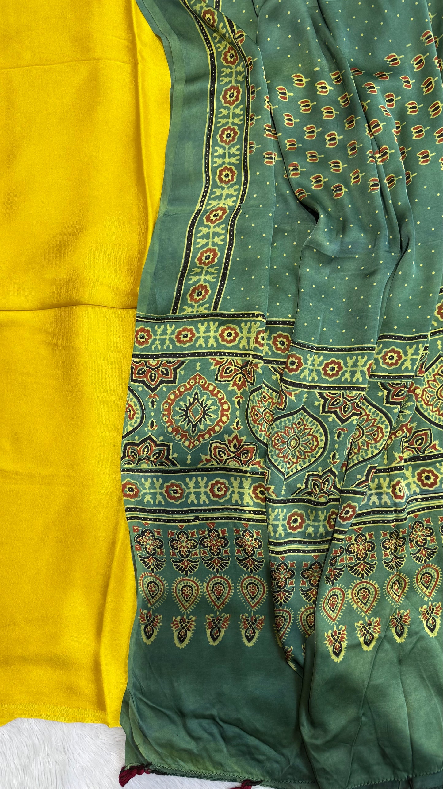 Yellow Solid Shade Modal Silk 2pc Suit Material with Green Ajrakh Kamal Buta Modal Silk Dupatta