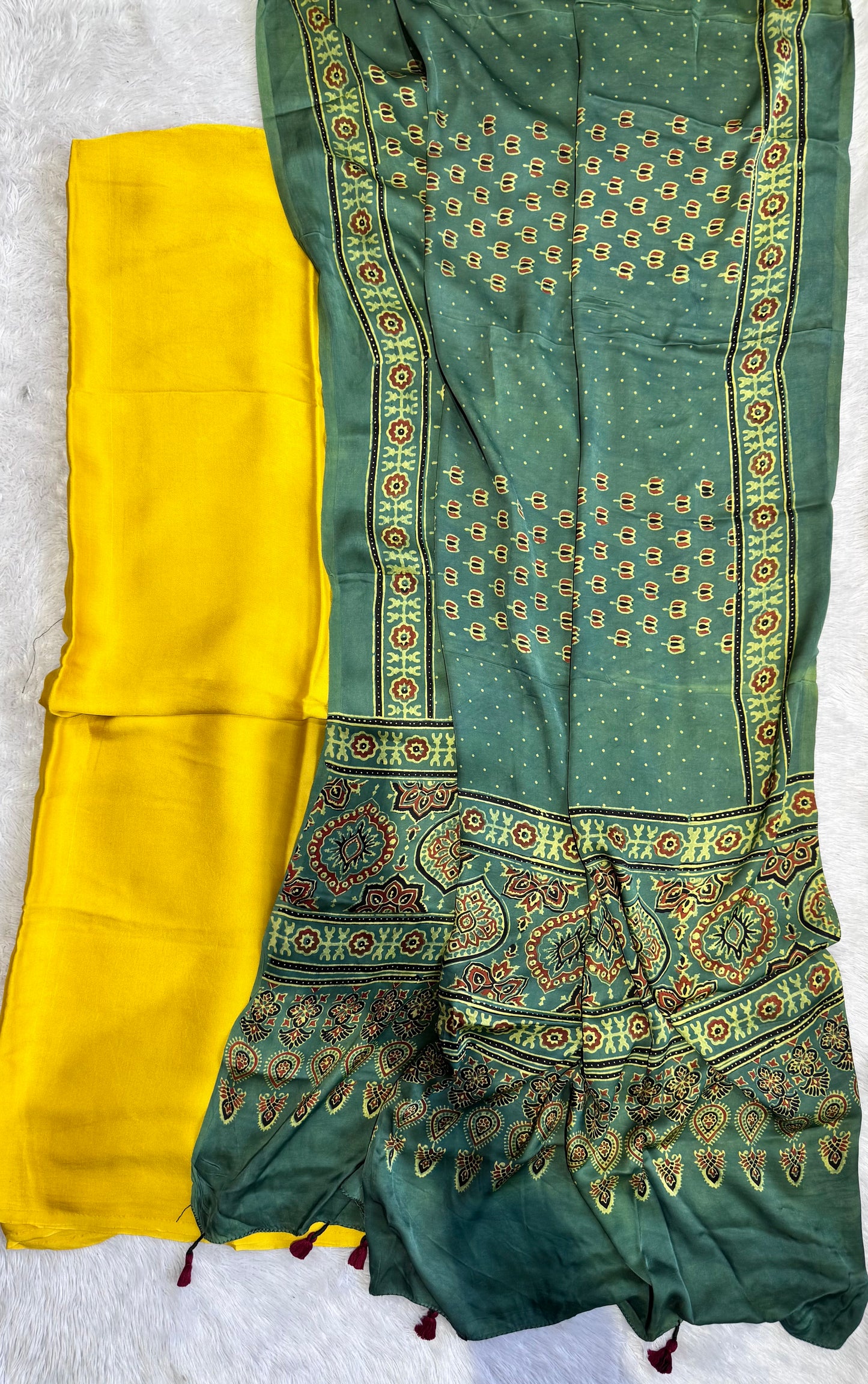 Yellow Solid Shade Modal Silk 2pc Suit Material with Green Ajrakh Kamal Buta Modal Silk Dupatta