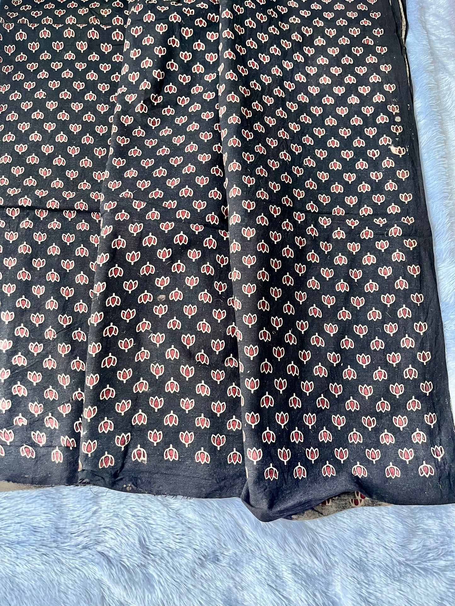 Black Small Booti Motif Ajrakh Hand Block Printed Vegetable Dyed Pure Cotton Fabric