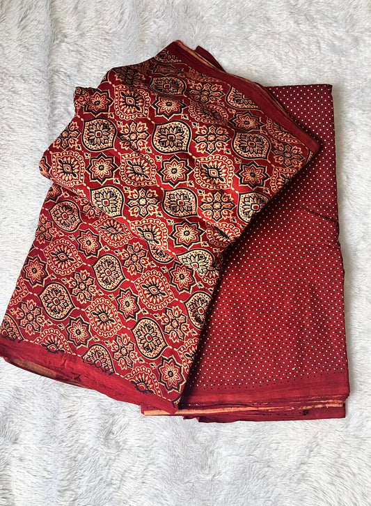 Red Badaam Buti Motif Ajrakh Pure Cotton Fabric Set