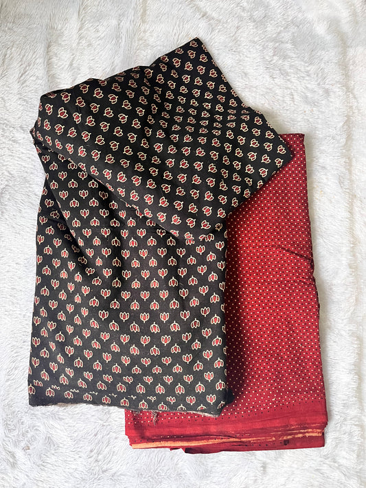 Black and Red Small Booti Motif Ajrakh Pure Cotton Fabric Set