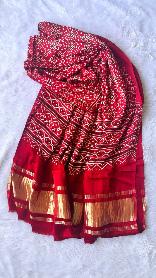 Red Patola Print Modal Silk Lagdi Patti Ajrakh Dupatta